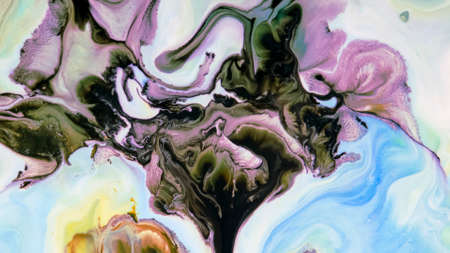 Fluid paint art, marble abstractions in blue, purple, black and yellow.
