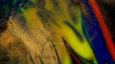 Fluid paint art, marble abstractions in blue, purple, black and yellow.