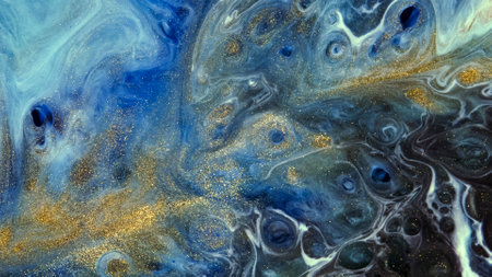 Fluid paint art, marble abstractions in blue, black.の写真素材