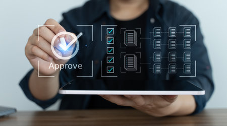 Business people tick correct mark and Approve Data online for quality assurance, Data check list and correct mark for guarantee, Data management concept.の写真素材