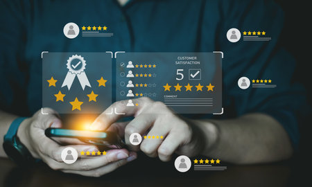 Customer review and evaluation concept. Businessman using smart phone with rating icon.