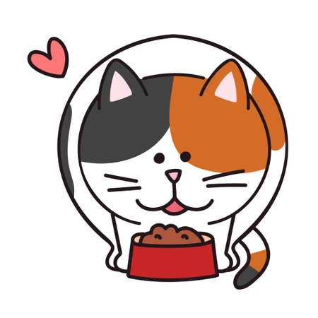 Calico cat moving happily about to eat food. Vector illustration in a flat styleのイラスト素材