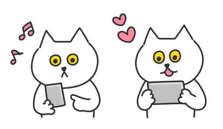 White cat play with smartphone. Vector illustration isolated on white background.のイラスト素材