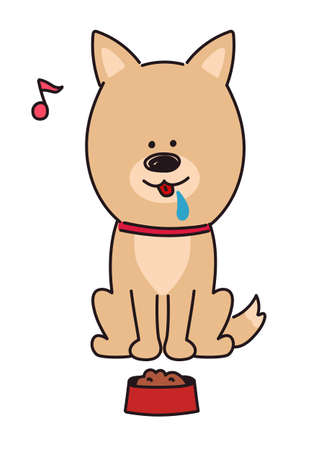 Dog moving happily about to eat food. Vector illustration isolated on white background.のイラスト素材
