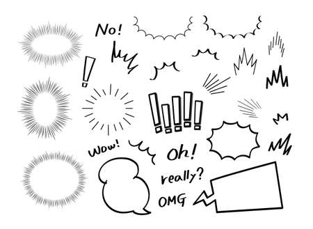 Hand drawn set of speech bubbles. Black and white vector illustration isolated on white background.のイラスト素材