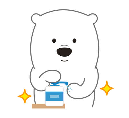 Polar bear washing hands with sanitizer. Vector illustration isolated on white background.のイラスト素材