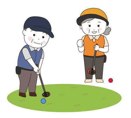 Elderly man and woman playing park golf. Vector illustration isolated on white background. Park golf is a form of golf played in a park that was invented in Hokkaido, Japan in 1983.のイラスト素材