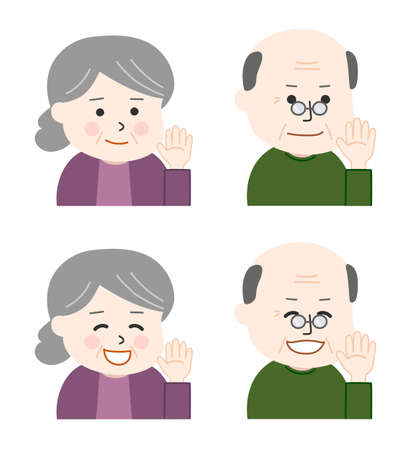 Elderly man and woman waving their hand. Vector illustration isolated on white background.のイラスト素材