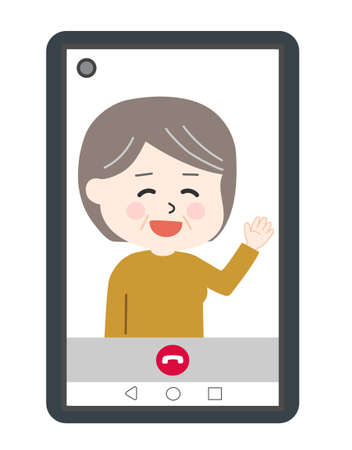 Middle-aged woman having video call on smartphone. Vector illustration isolated on white background.のイラスト素材