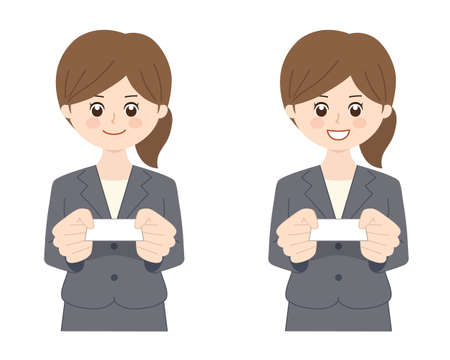 Portrait of business woman wearing a suit with brunette hair handing over a business card. Vector illustration isolated on white background.のイラスト素材