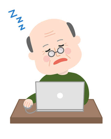 Elderly man falling asleep while using a laptop computer. Vector illustration isolated on white background.のイラスト素材
