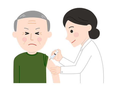 Elderly man feels a slight pinch receiving a vaccination. Vector illustration isolated on white background.のイラスト素材