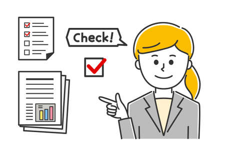 The young lady checking business documents. Vector illustration isolated on white background.のイラスト素材