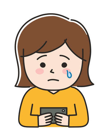 Unhappy woman crying while looking at her phone. Vector illustration isolated on white background.のイラスト素材