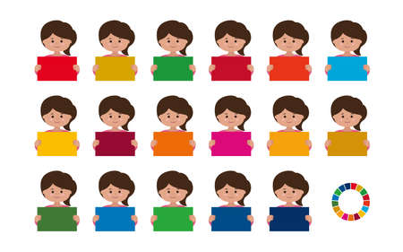 Women hold a panel of Sustainable Development Goals. Vector illustration isolated on white background.のイラスト素材