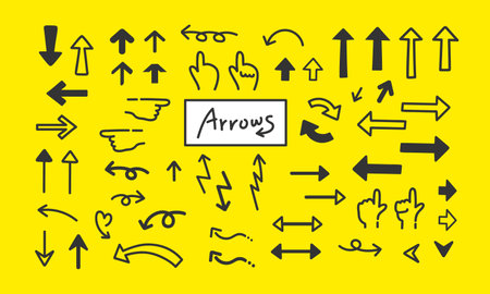 Hand-drawn arrow icons set. Collection of arrows isolated on yellow background.のイラスト素材
