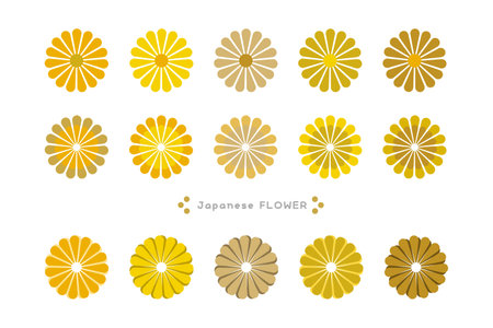 Icon set of gold flowers in various colors and patterns. Vector illustration isolated on a white background.のイラスト素材