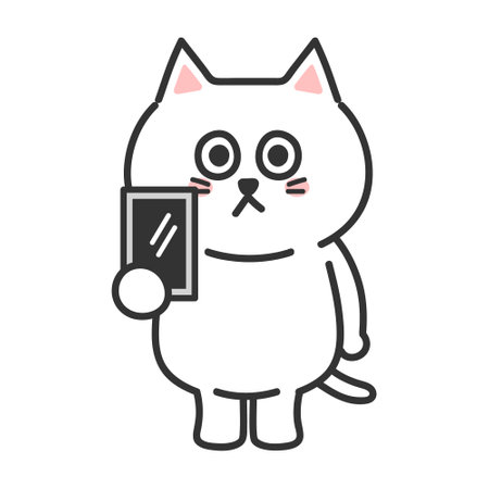 Vector illustration of a white cartoon cat holding a smartphone or digital tablet on isolated backgroundのイラスト素材