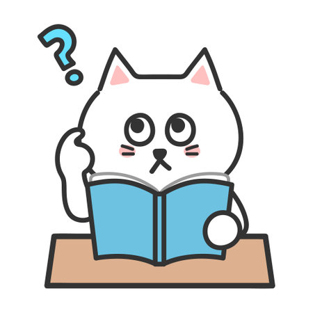 Wondering white cartoon cat studying with a book, vector illustration.のイラスト素材