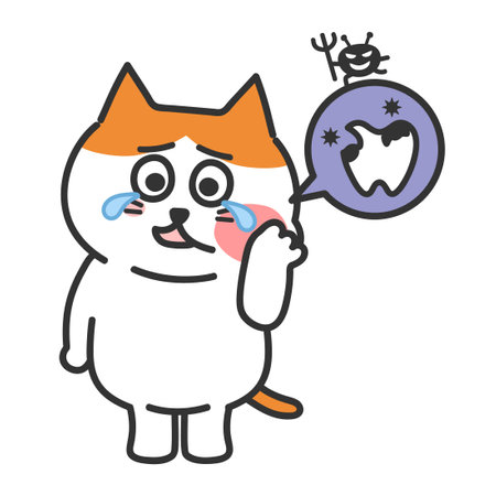 Orange tabby cartoon cat has a toothache with a speech bubble, vector illustration.のイラスト素材