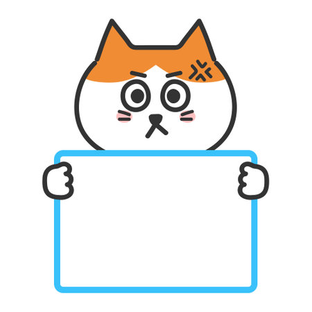 Angry orange tabby cat informing something with a blank sign, vector illustration isolated on a transparent background.のイラスト素材