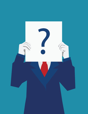 Businessman holds the license confusion. Question mark. Vector flatのイラスト素材