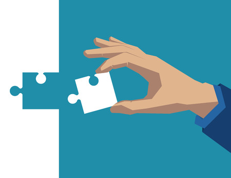 Hand holding piece of puzzle white. Concept business illustration. Vector flatのイラスト素材