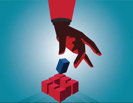 Businessman hand touch cube as symbol of problem solving. Touch red cube. Vector flatのイラスト素材