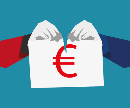 Relationship Difficulties, Separation, Torn, Currency, Tearing. Hand hold rejected paper document. Vector flat illustrationのイラスト素材