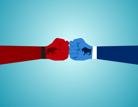 Two fist with bull and bear icon emblems. Concept business illustration. Vector flatのイラスト素材
