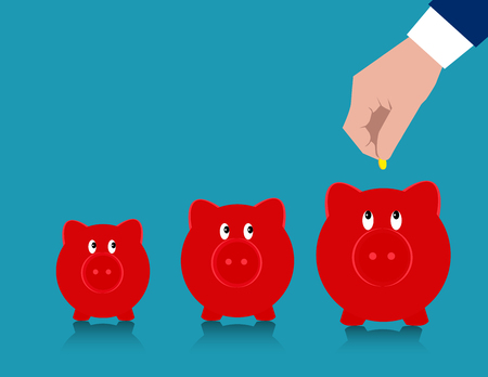 Hand putting coin into three hopeful piggy banks. Concept business illustration. Vector flat.のイラスト素材