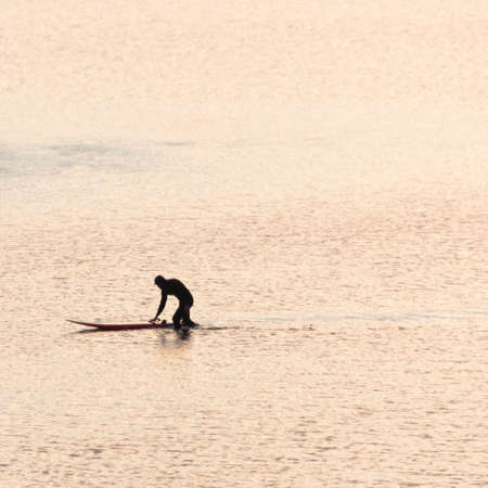 A surfer at sunset, Whitstable Harbour, Englandのeditorial素材