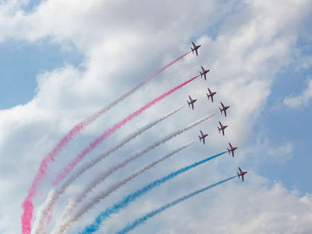 RAF Red Arrows in BAE Hawk T1 trainers, Farnborough International Airshow, Farnborough Airport,...