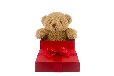 cute teddy bear in red gift box isolated on white background with clipping path,too give someone important in valentine's dayの写真素材