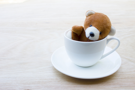 teddy bear in white cup coffee on wood table on background with copy space.の写真素材