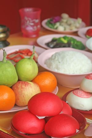 Chinese Prayer Offerings for Religious Food in Asiaの写真素材