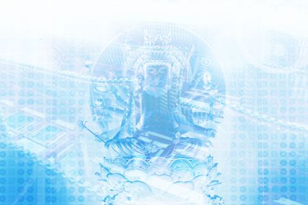 Asian Zen Soothing Abstract Collage Background in Blueの写真素材