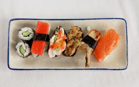 Colorful Sushi Platter with Assorted Food Typesの写真素材