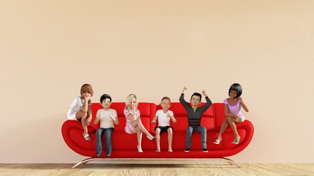 Kids on a Sofa Watching TV as Illustrationの写真素材