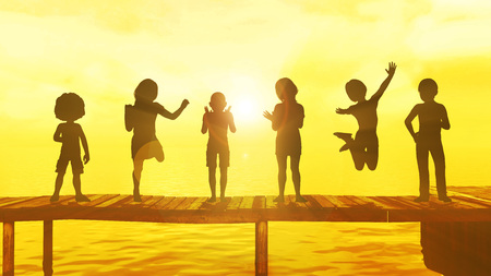 Kids Playing in the Summertime on a Pierの写真素材