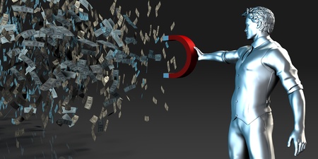 Wealth Concept with Man Holding Magnet to Pull Money Inの写真素材