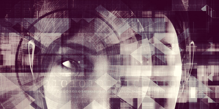 System Integration with Woman Accessing Data and Informationの写真素材