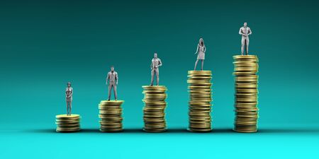 Finance Wealth Increase with Business People Standing on Chart of Gold Coins