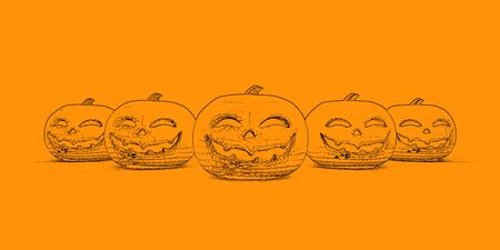 Fun Halloween Background with Spooky Smiling Pumpkinsの写真素材