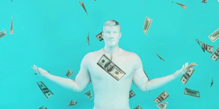 Happy Businessman Under a Rain of Cash and Moneyの写真素材