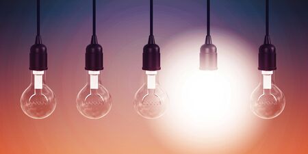 Row of Hanging Lightbulbs with One Lit Upの写真素材