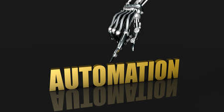 Automation Industry with Robotic Hand Pointing on Black Backgroundの写真素材