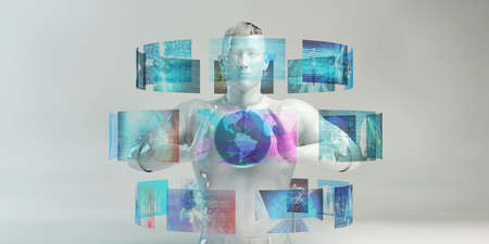 Businessman Holding Globe and Accessing Data News Around the Worldの写真素材