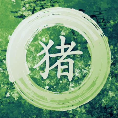 Pig Chinese Zodiac in Chinese Calligraphy on Painted Backgroundの写真素材