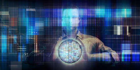 Multimedia Presentation Background with Business Man Holding Dataの写真素材